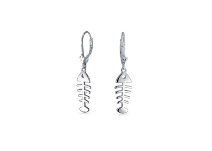 Fish Bone Dangle Earrings with Rhodium Plating